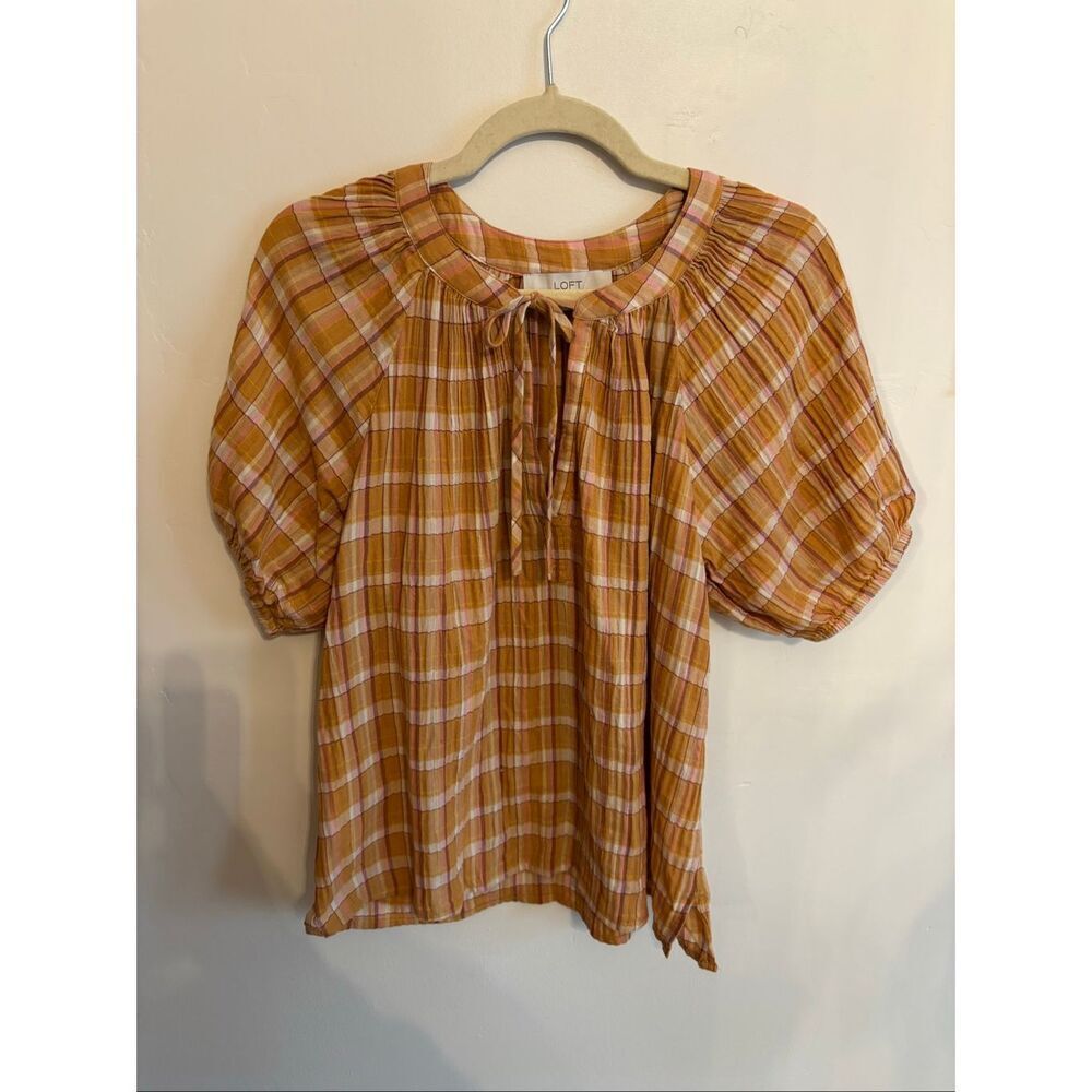 LOFT Yellow Plaid Tie Front Blouse Small Puff Sleeve Lightweight Cotton